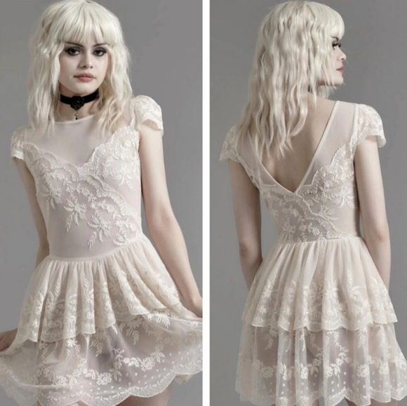 Dolls Kill Widow tea stained lace tiered mini dress - off white nude - Picture 1 of 9